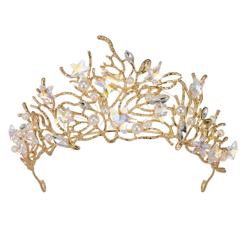 SWEETV Mermaid Tiara for Girls Women Gold Princess Crown Diadem Jeweled Headpiece Costume Hair Accessories for Birthday Prom Quinceanera Halloween